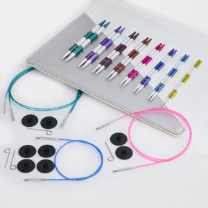 The KnitPro Smartstix interchangeable circular needle set brings together popular needle sizes and accessories in a stylish case.