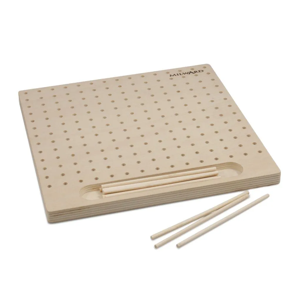 Wooden block with holes and pins for crochet