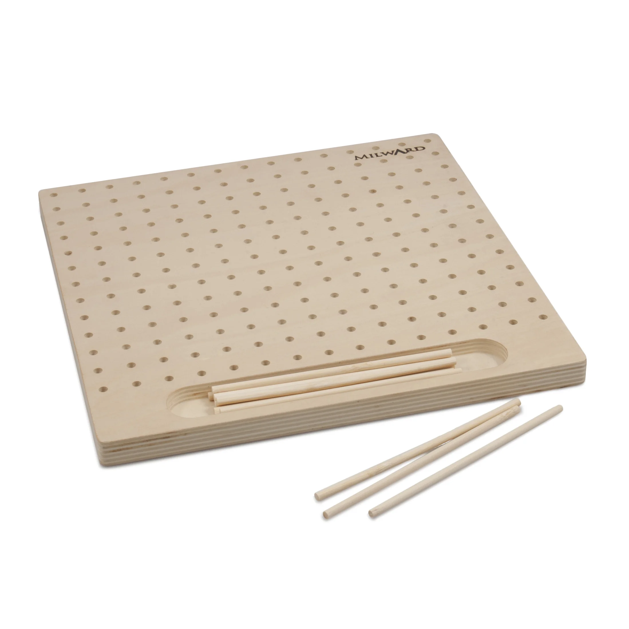 Wooden block with holes and pins for crochet