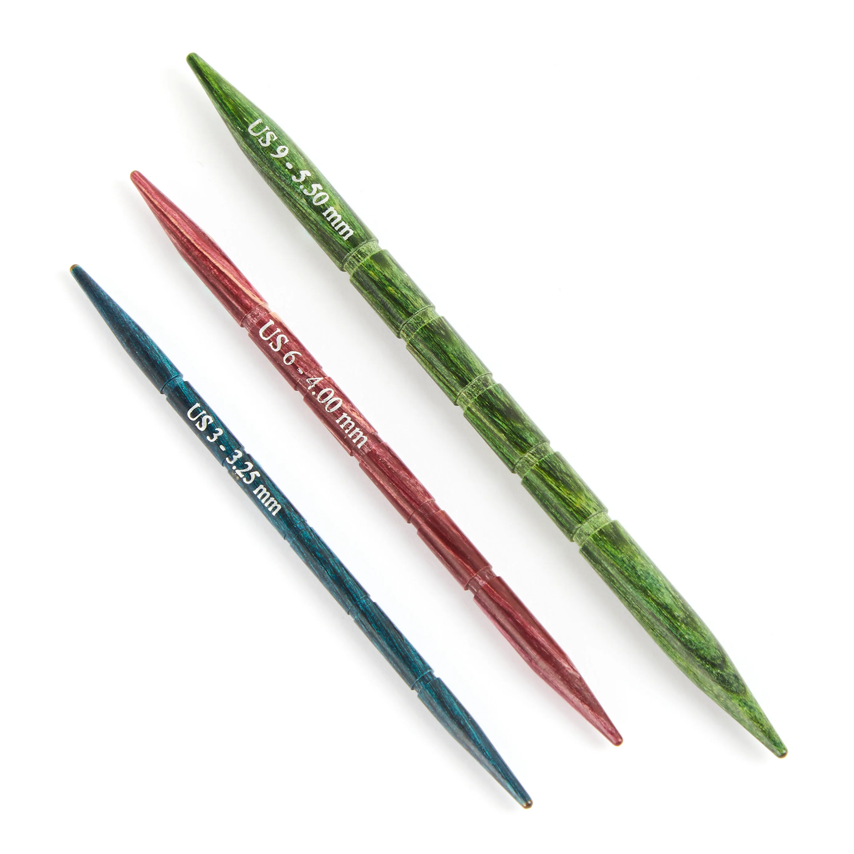 coloured wooden cable needles with grooves