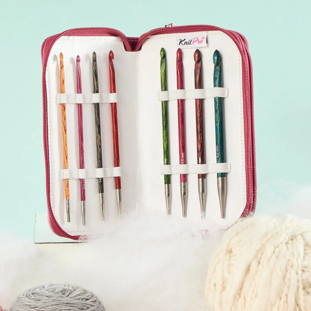tunisian crochet hook set with multi coloured hooks and pink case