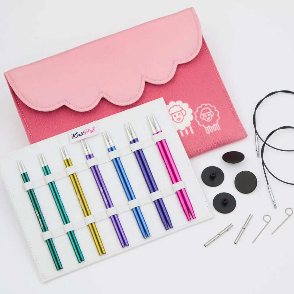 Zing Midi interchangeable needle set with colourful needles, black swivel cables and a pretty pink case.