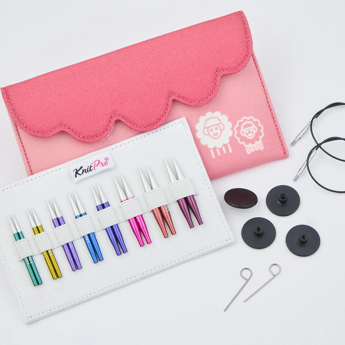 Zing Mini interchangeable needle set with colourful 5cm needle tips, black swivel cables, and a pink fabric case.