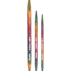 Colourful wooden knitting cable needles set.